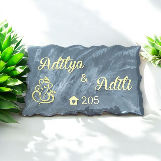 Customized Resin Name Plate ( Grey Marble Texture ) for Flat / Appartment / Office / Cafe / Resturant ( 12 inch x 6 inch )