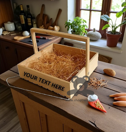 ShopTwiz Wooden Gift Basket with Handle | Customizable Text & Elegant Storage Box