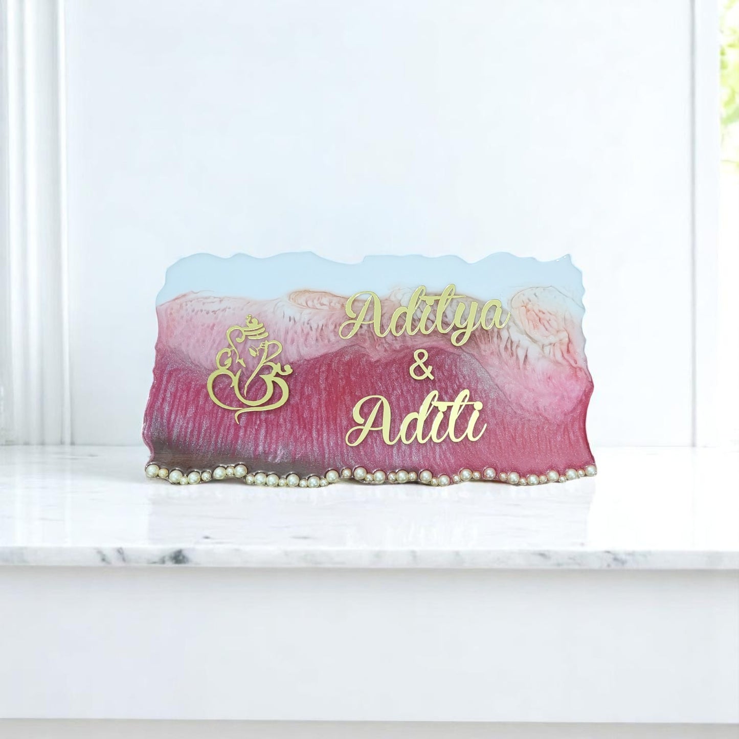 Customized Resin Name Plate ( Pink Pearl Theme ) for Flat / Appartment / Office / Cafe / Resturant ( 12 inch x 6 inch )