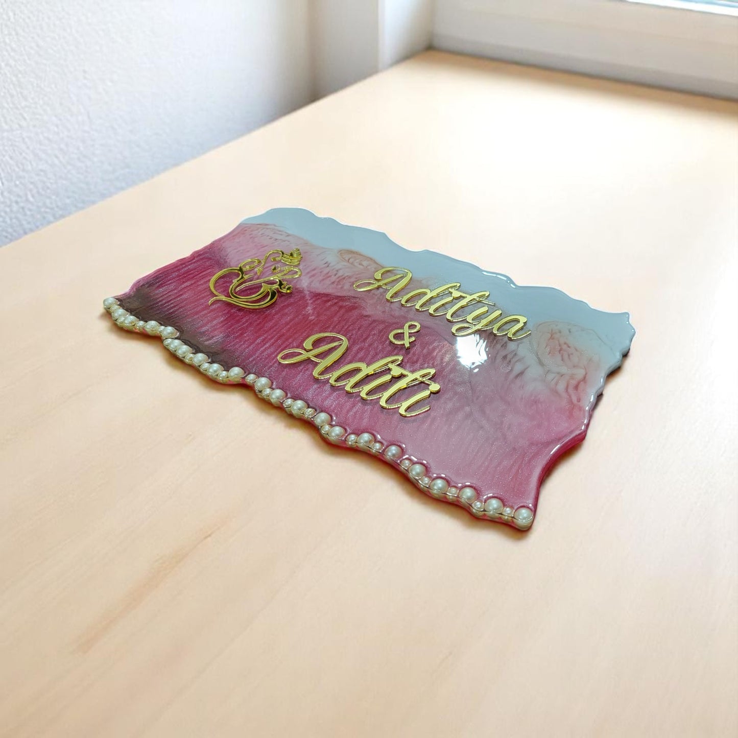 Customized Resin Name Plate ( Pink Pearl Theme ) for Flat / Appartment / Office / Cafe / Resturant ( 12 inch x 6 inch )