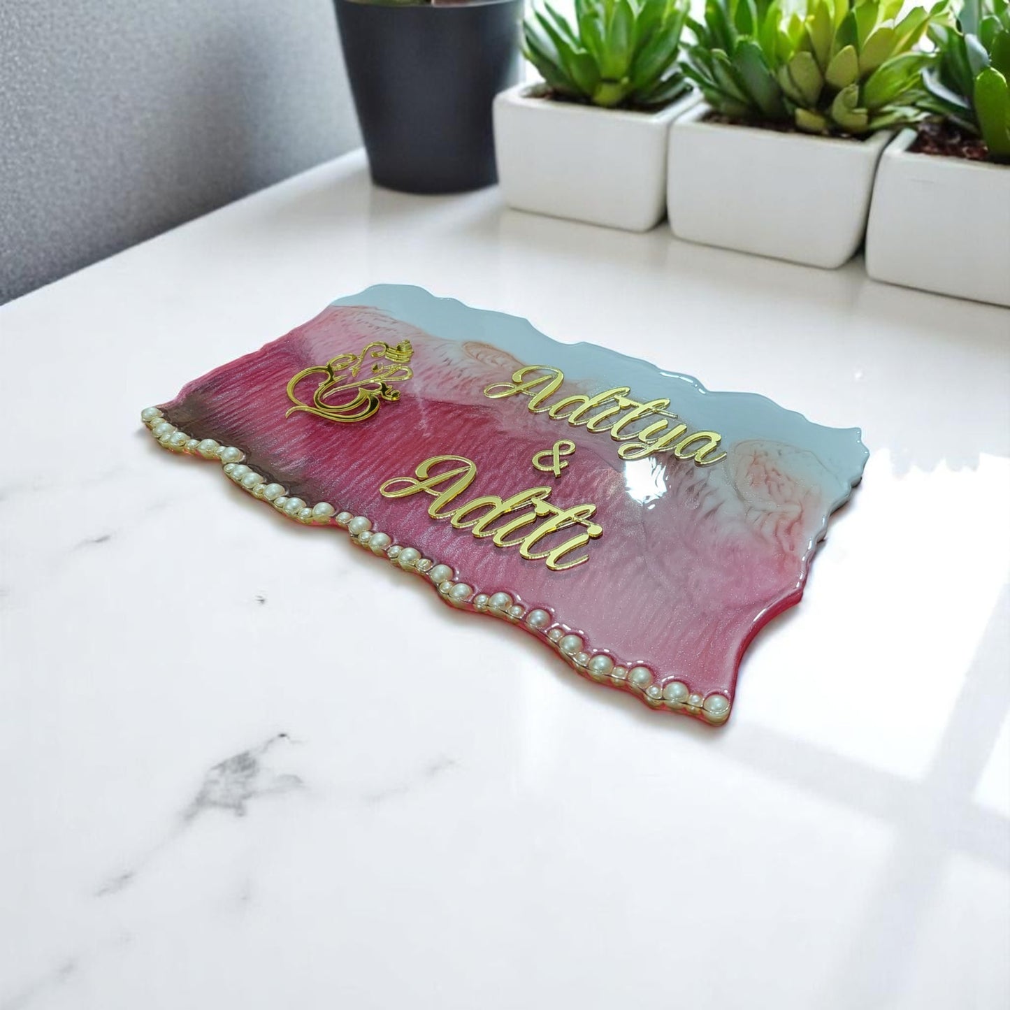Customized Resin Name Plate ( Pink Pearl Theme ) for Flat / Appartment / Office / Cafe / Resturant ( 12 inch x 6 inch )
