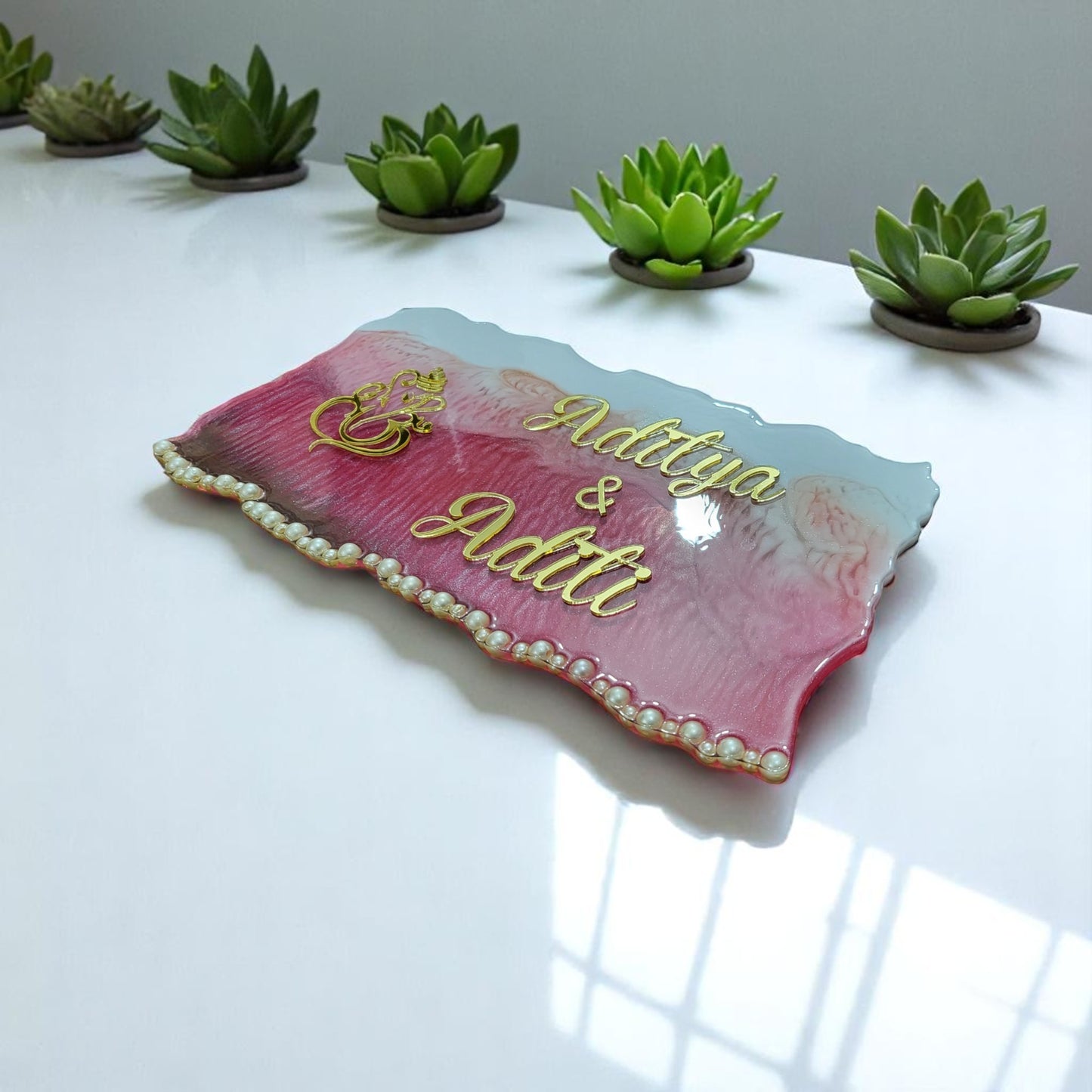 Customized Resin Name Plate ( Pink Pearl Theme ) for Flat / Appartment / Office / Cafe / Resturant ( 12 inch x 6 inch )