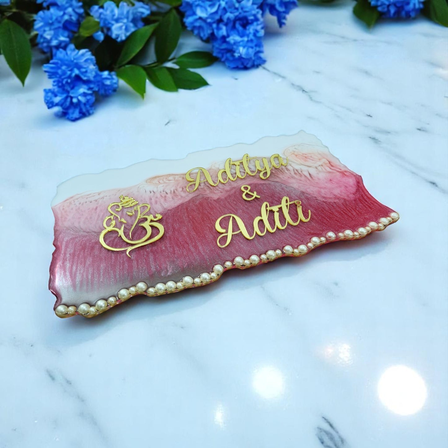 Customized Resin Name Plate ( Pink Pearl Theme ) for Flat / Appartment / Office / Cafe / Resturant ( 12 inch x 6 inch )