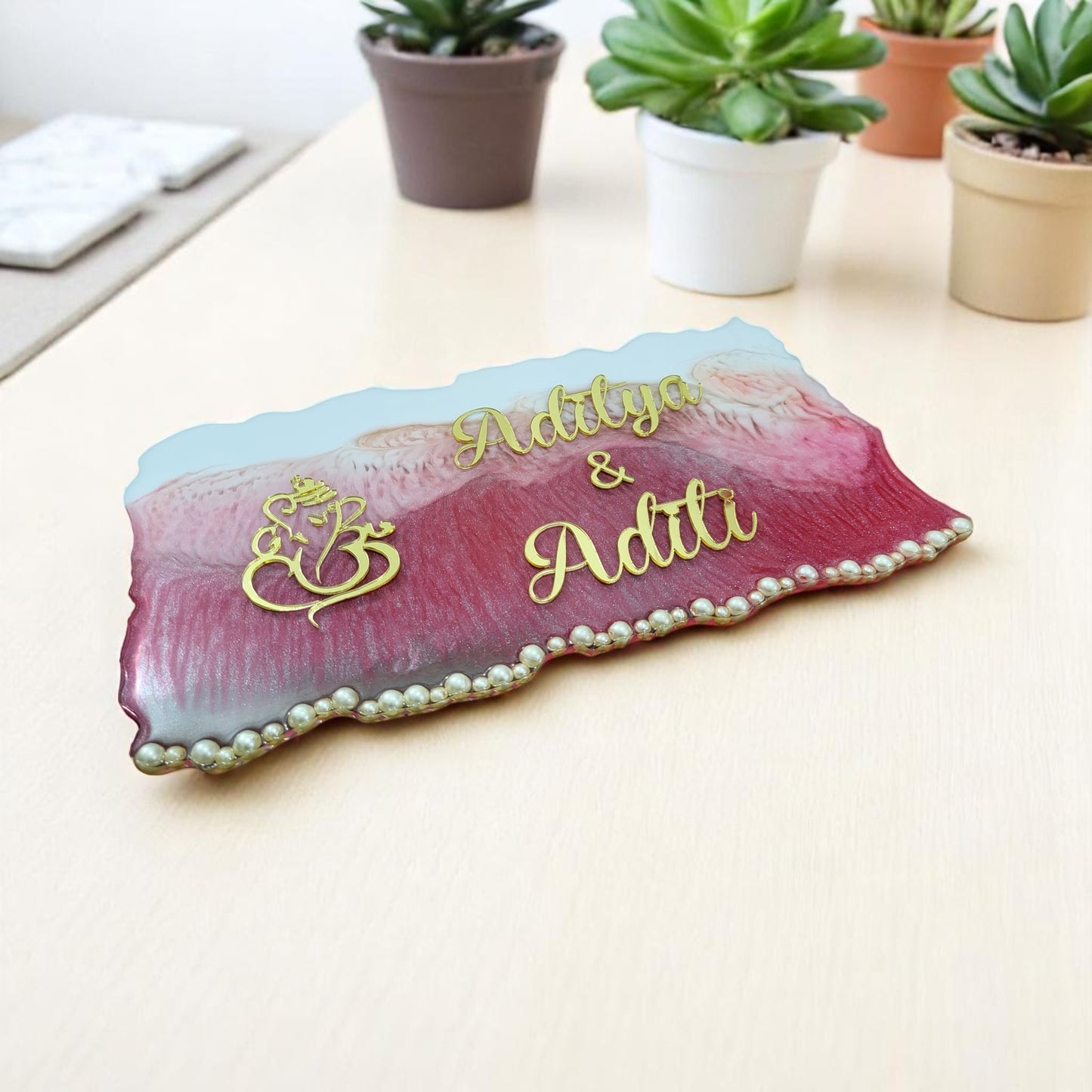 Customized Resin Name Plate ( Pink Pearl Theme ) for Flat / Appartment / Office / Cafe / Resturant ( 12 inch x 6 inch )