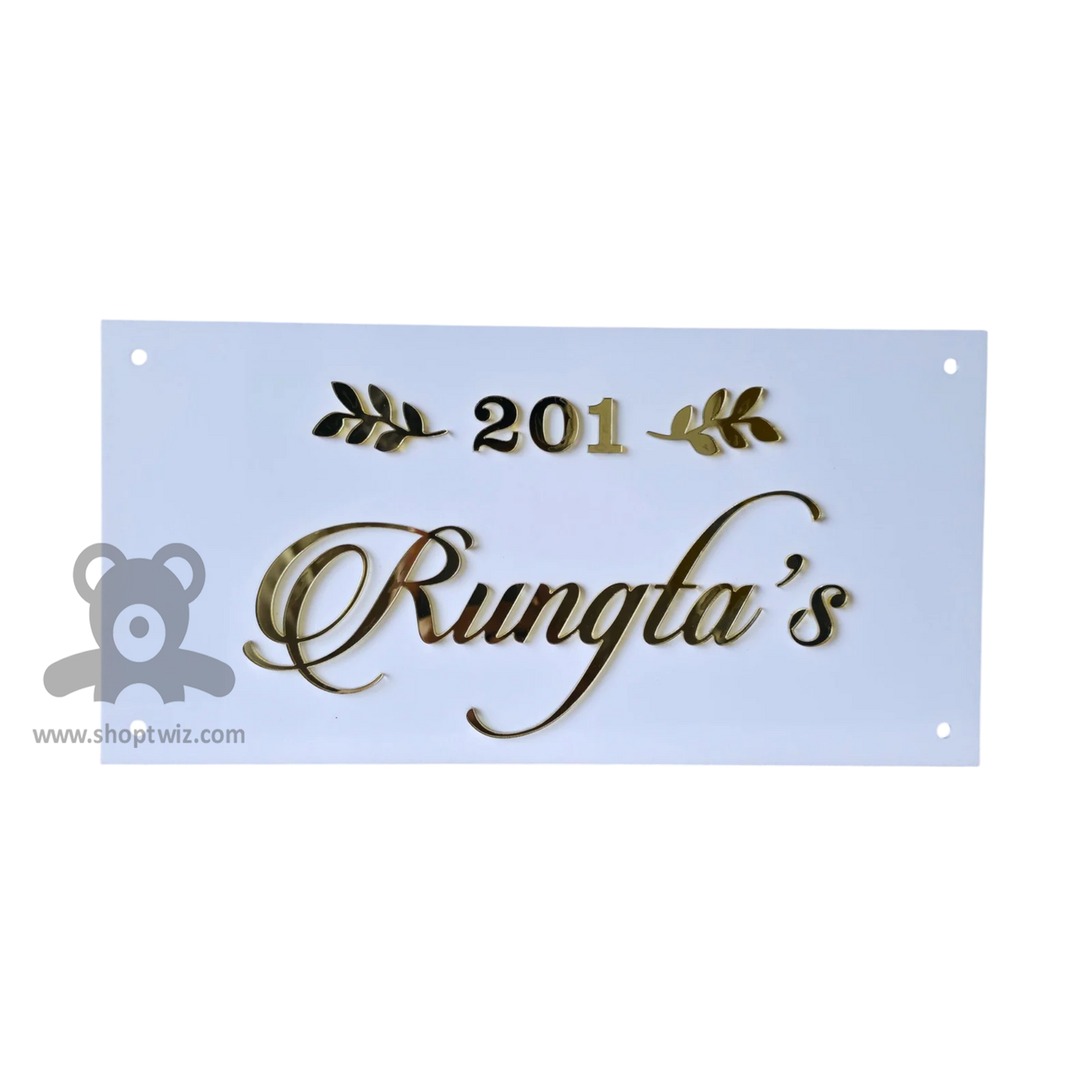 ShopTwiz Rectangle White Golden Design Letter Name Plate for House and Office