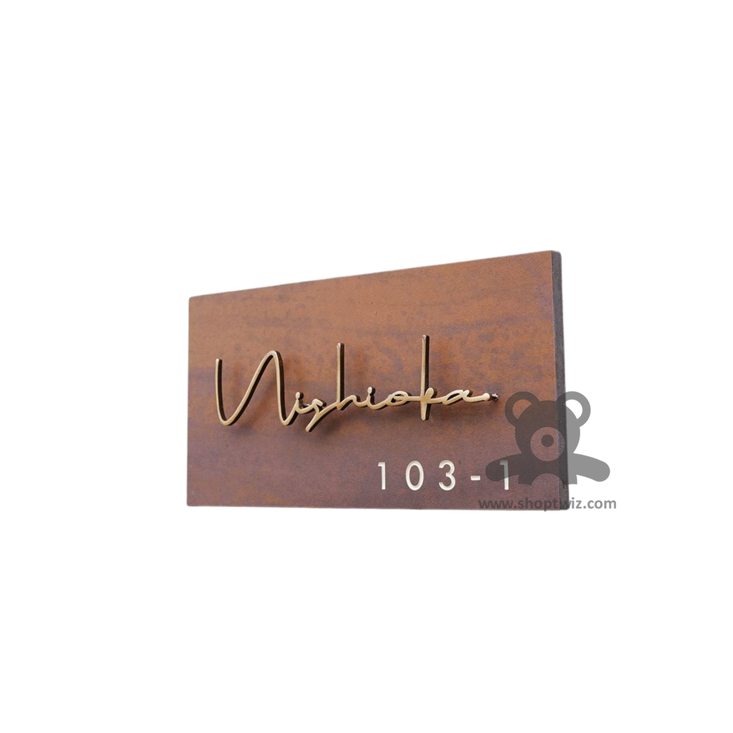 ShopTwiz Rectangle Wood Golden Letter Name Plate for House and Office