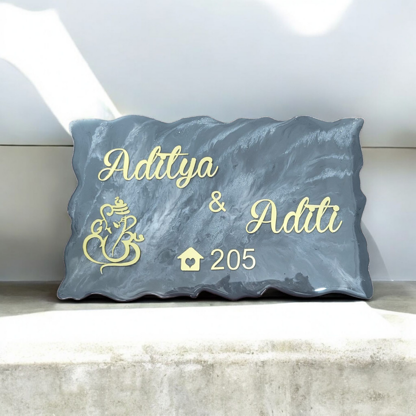 Customized Resin Name Plate ( Grey Marble Texture ) for Flat / Appartment / Office / Cafe / Resturant ( 12 inch x 6 inch )