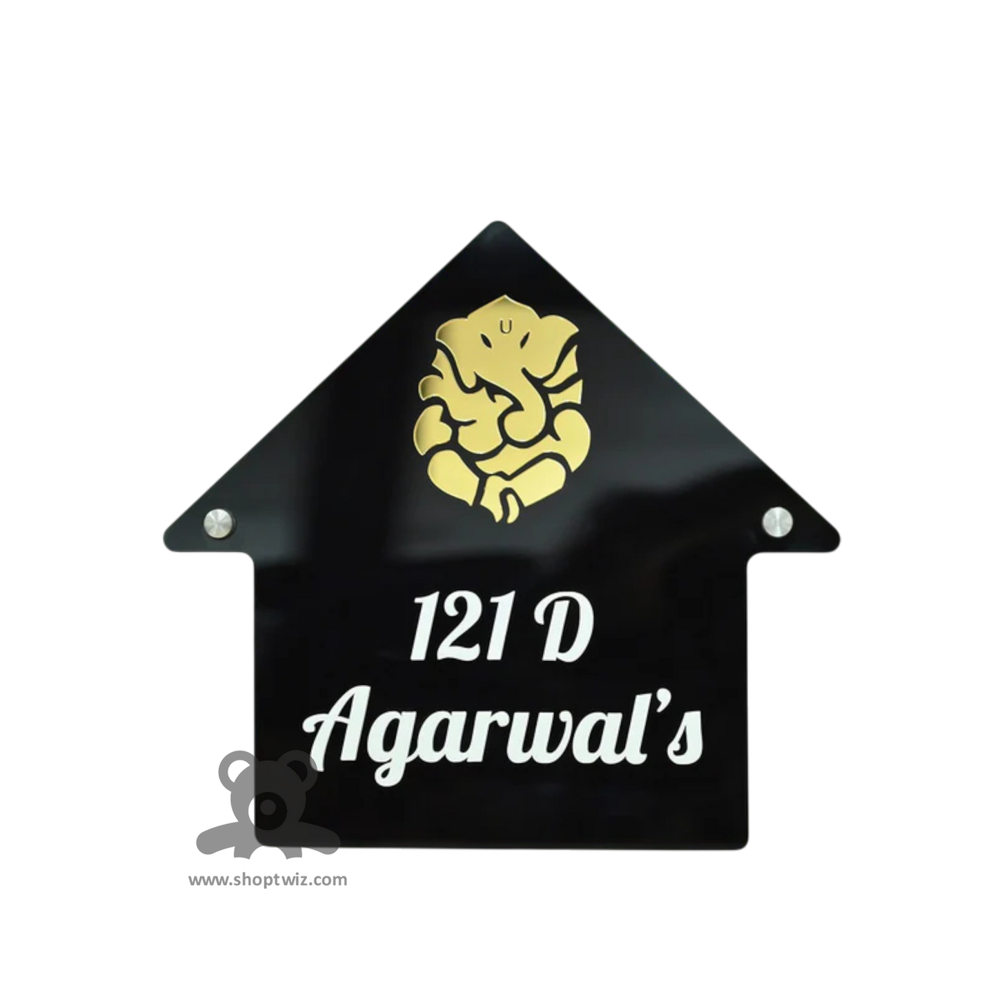 ShopTwiz House Black Golden Ganesh White Letter Name Plate for House and Office