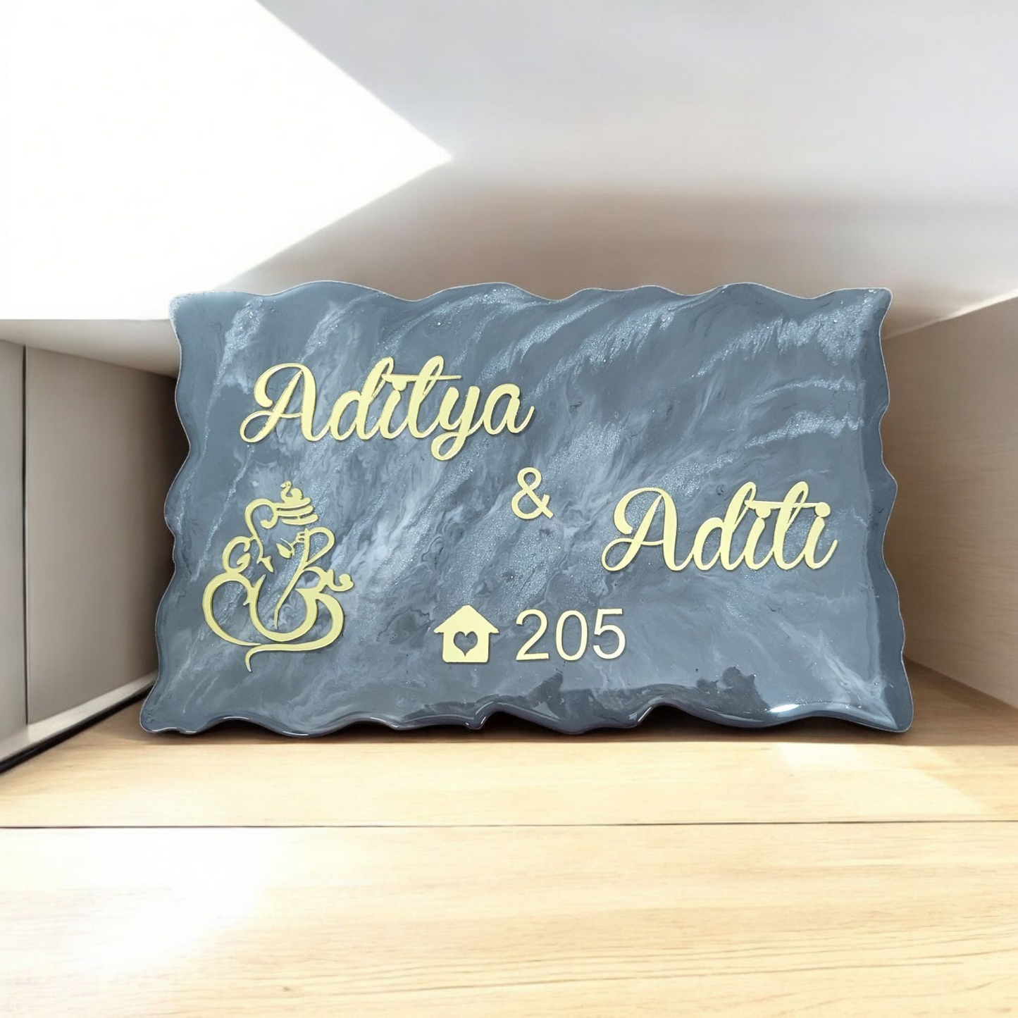 Customized Resin Name Plate ( Grey Marble Texture ) for Flat / Appartment / Office / Cafe / Resturant ( 12 inch x 6 inch )