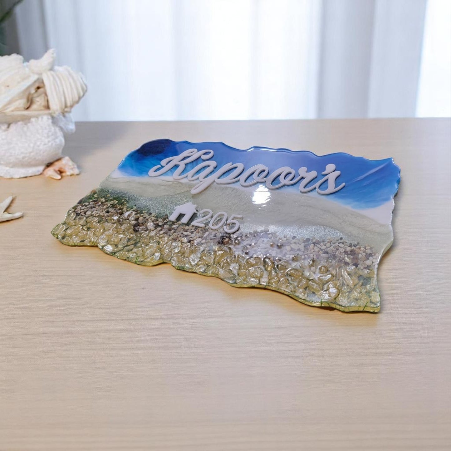 Customized Resin Name Plate ( Beach Theme ) for Flat / Appartment / Office / Cafe / Resturant ( 12 inch x 6 inch )