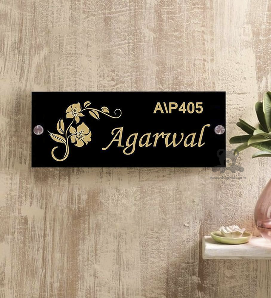 ShopTwiz Rectangle Black Acrylic Golden Letter Flower Name Plate for House and Office