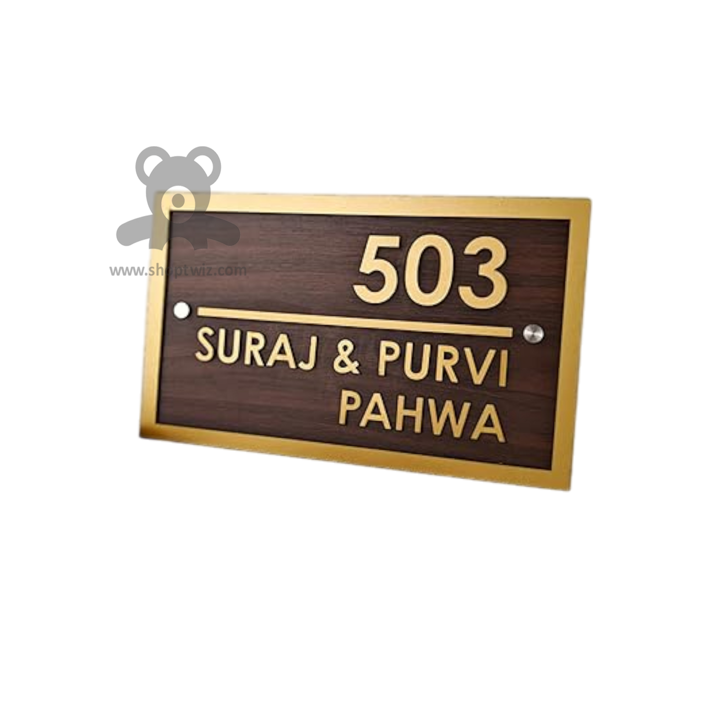 ShopTwiz Rectangle Wood Golden Border And Letter Name Plate for House and Office