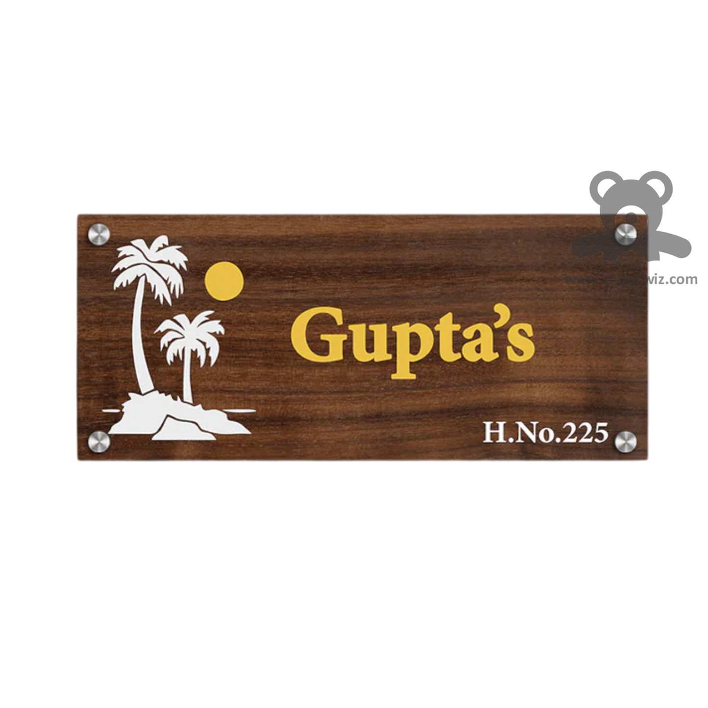 ShopTwiz Rectangle Wood White Tree And Golden Letter Name Plate for House and Office