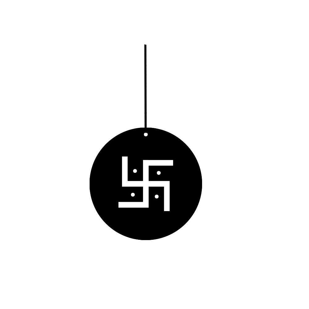 Black circle with a white swastika symbol on a white background