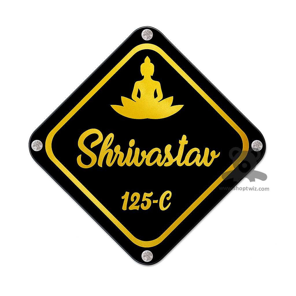 ShopTwiz Square Black Golden Letter Buddha Ji Name Plate for House and Office