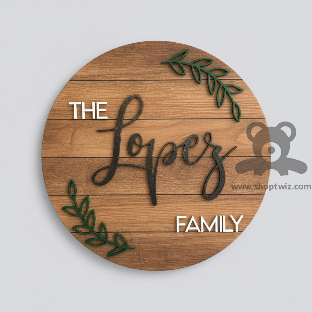 ShopTwiz Circle Wood White And Black Letter Green Design Name Plate for House and Office