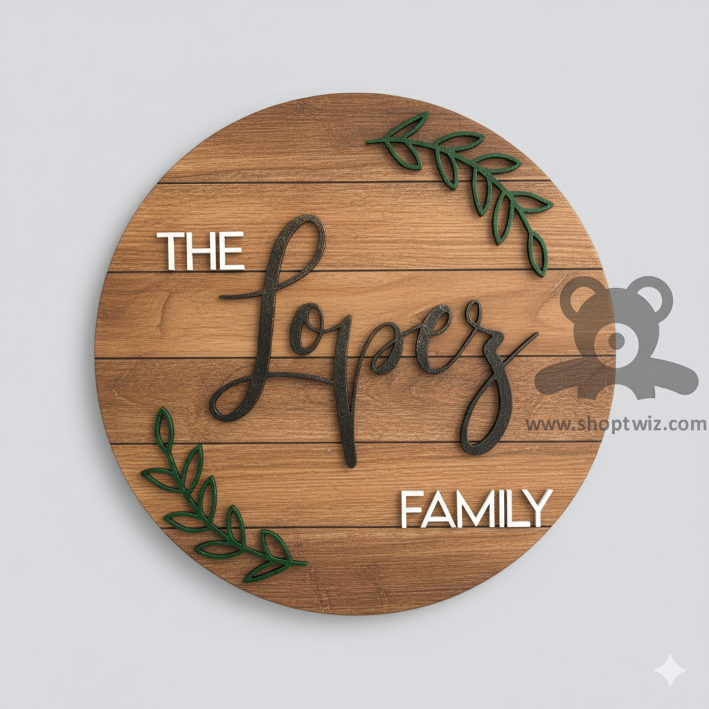 ShopTwiz Circle Wood White And Black Letter Green Design Name Plate for House and Office