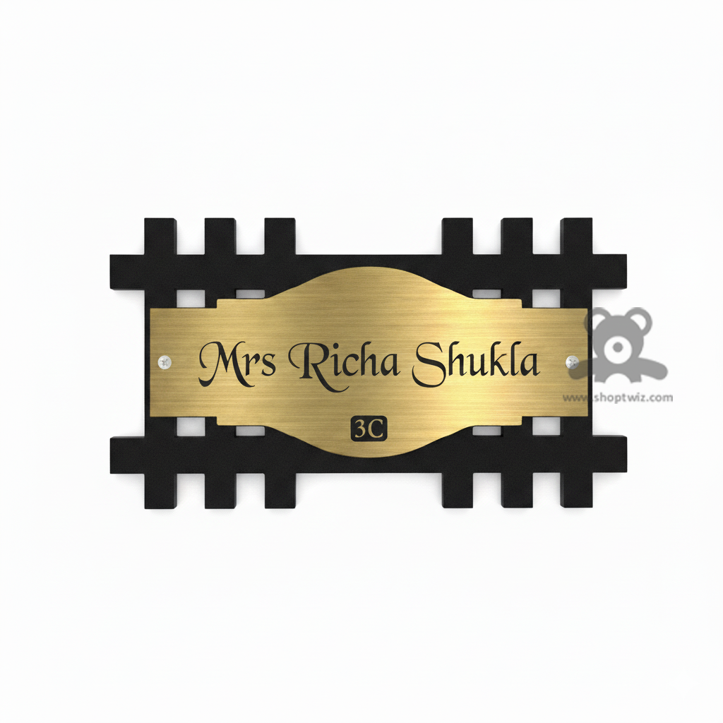 ShopTwiz Rectangle Wood Golden Acrylic Plate Black Letter Name Plate for House and Office