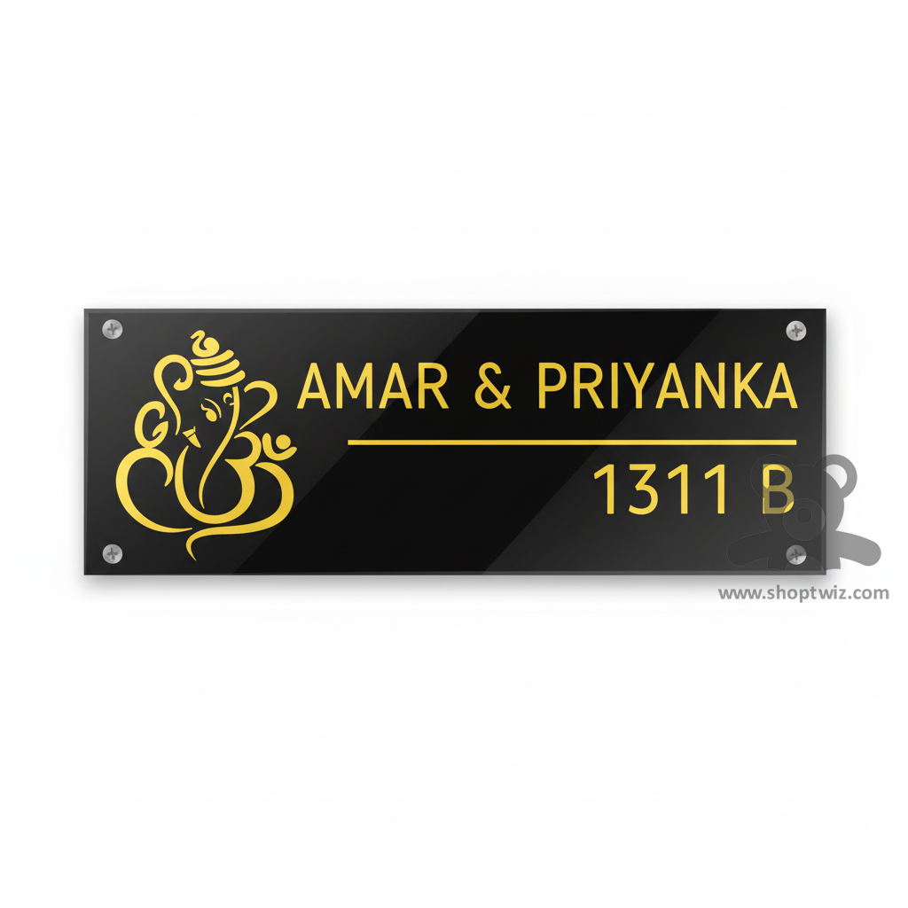 ShopTwiz Rectangle Black Acrylic And Golden Letter Ganesh Name Plate for House and Office