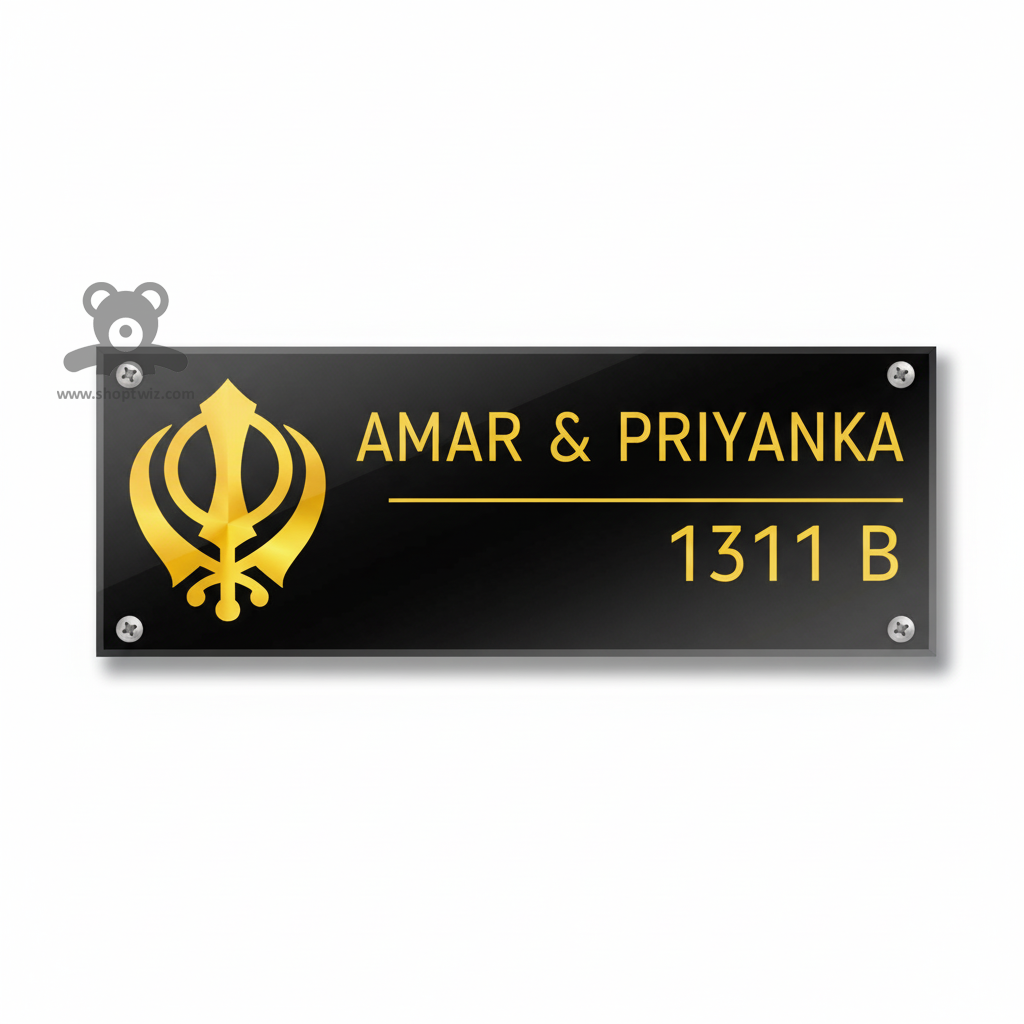 ShopTwiz Rectangle Black Acrylic Golden Letter Sikh Name Plate for House and Office