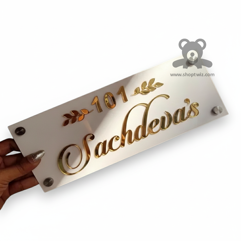ShopTwiz Rectangle White Acrylic Golden Letter Name Plate for House and Office