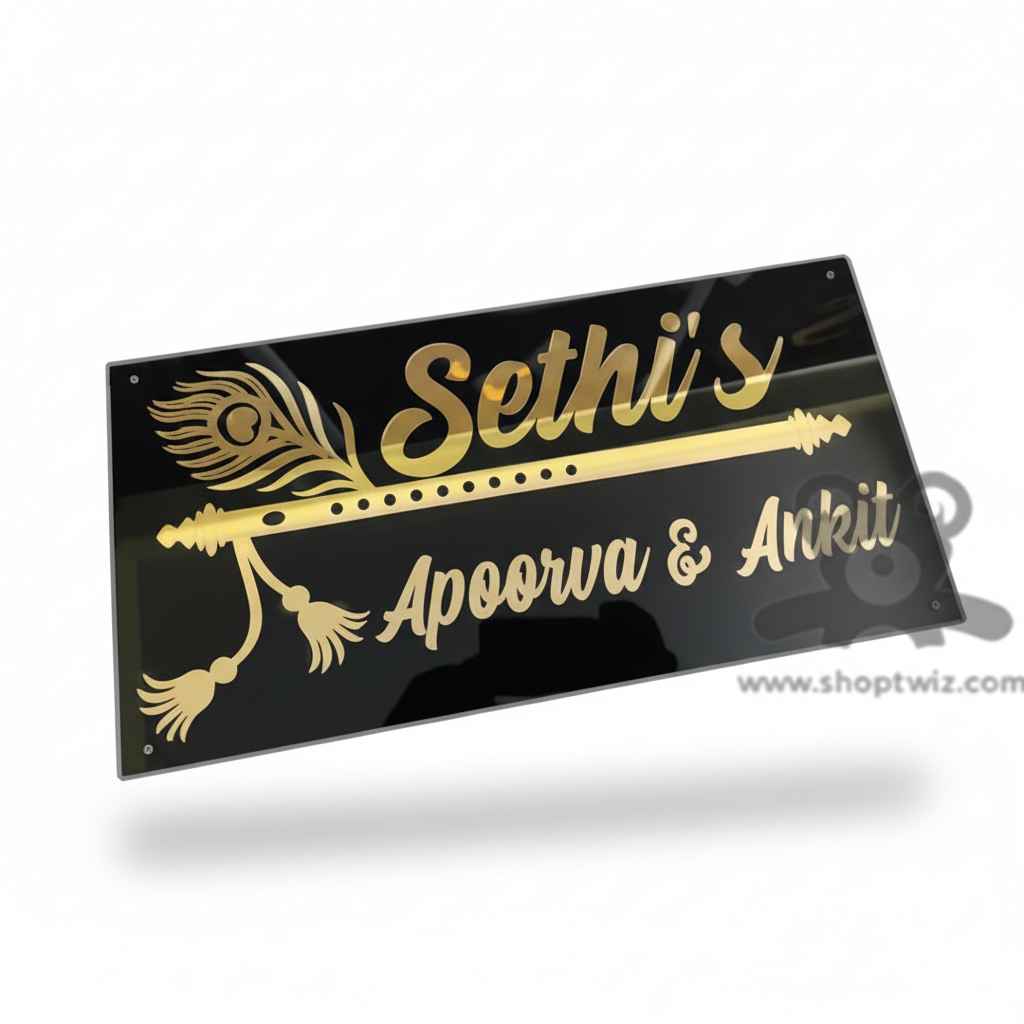 ShopTwiz Rectangle Black Acrylic Golden Letter And Basuri Name Plate for House and Office