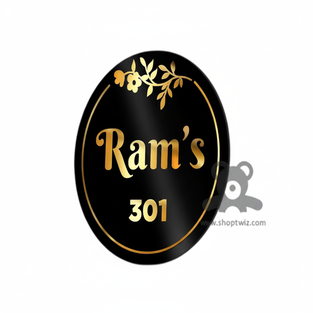 ShopTwiz Oval Black Acrylic Golden Letter Name Plate for House and Office