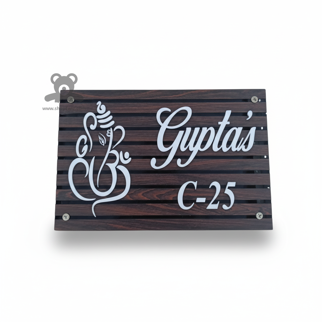 ShopTwiz Square Wood White Letter Ganesh Ji Name Plate for House and Office
