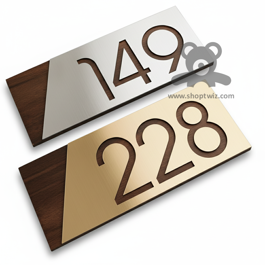 ShopTwiz Rectangle Wood White And Golden Acrylic Name Plate for House and Office