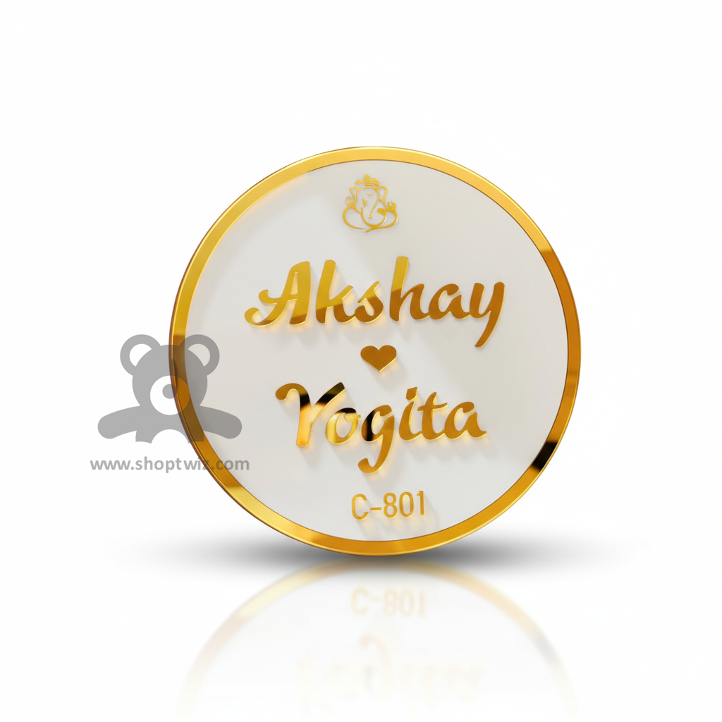 ShopTwiz Circle White Acrylic Golden Letter Ganesh Ji Name Plate for House and Office