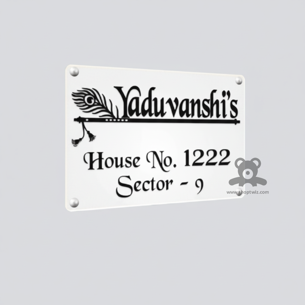 ShopTwiz Rectangle White Black Letter and Basuri Name Plate for House and Office