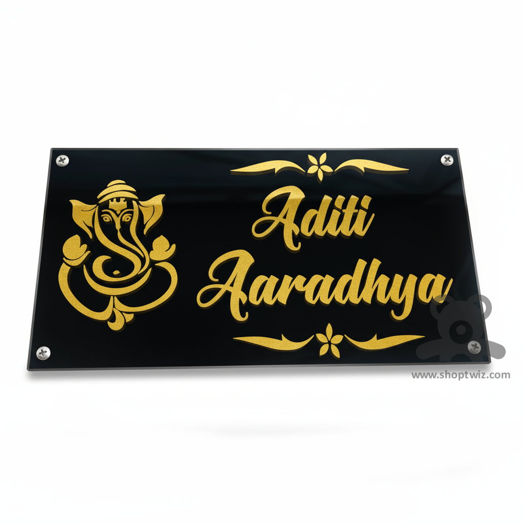 ShopTwiz Rectangle Black Acrylic Golden Ganesh And Letter Name Plate for House and Office