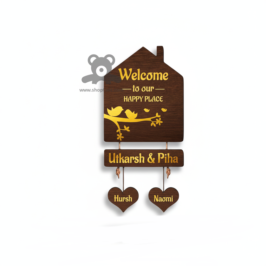 ShopTwiz Home Shape And Heart Wood Golden Letter Bird Name Plate for House and Office