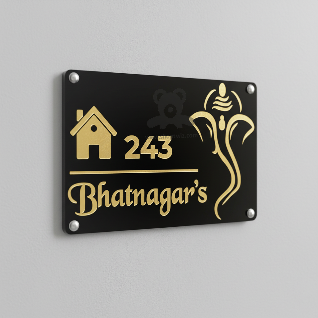 ShopTwiz Square Black Acrylic Golden Ganesh Letter Name Plate for House and Office
