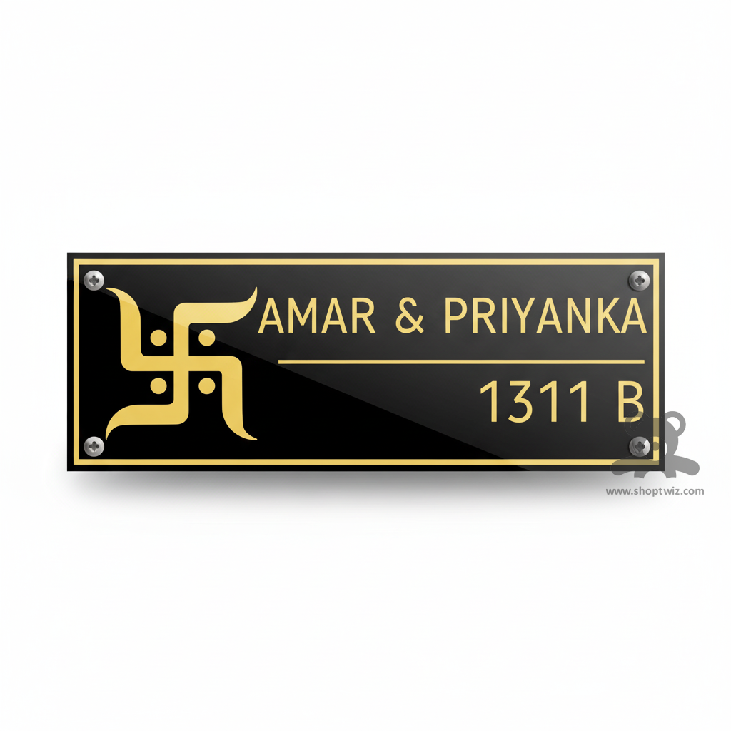 ShopTwiz Rectangle Acrylic Golden Letter Swastik Name Plate for House and Office