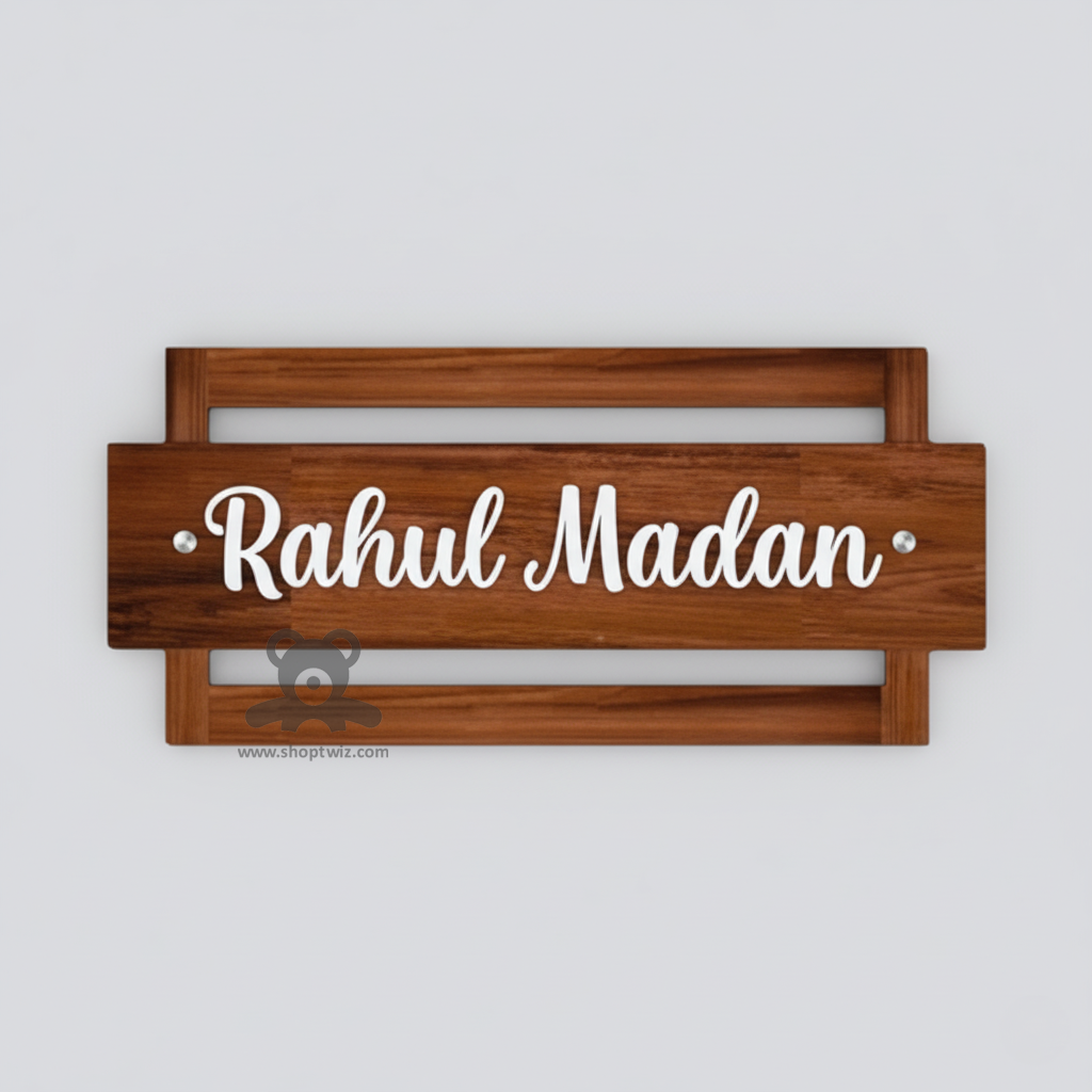 ShopTwiz Rectangle Wood Design with White Letter Name Plate for House and Office
