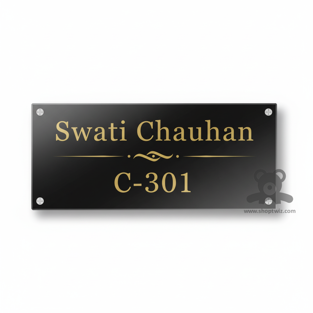 ShopTwiz Rectangle Black Acrylic Golden Letter Name Plate for House and Office