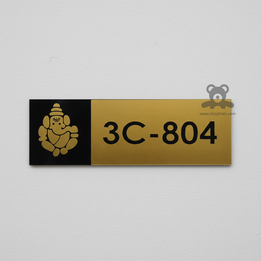 ShopTwiz Rectangle Black and Golden Ganesh Black Letter Name Plate for House and Office