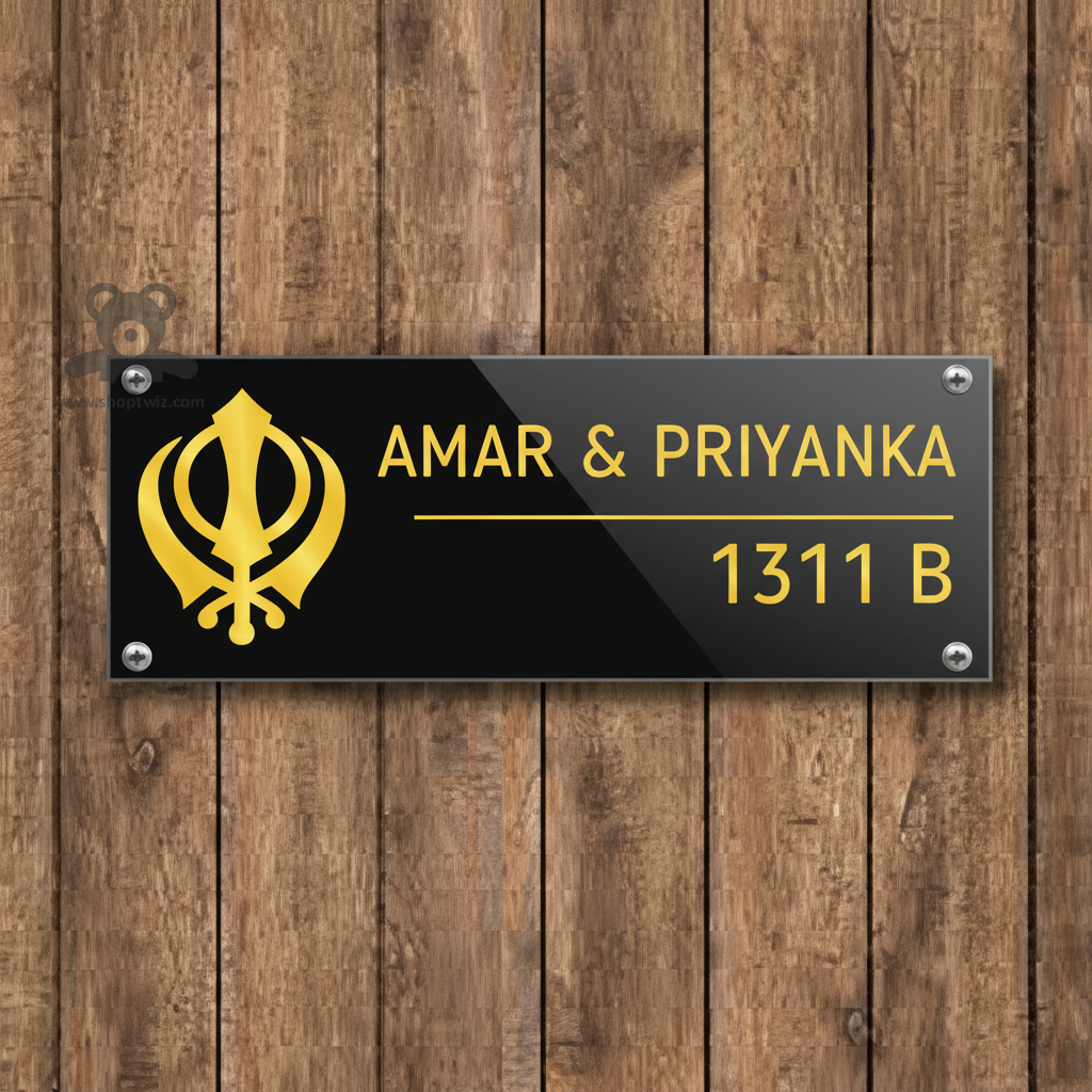 ShopTwiz Rectangle Black Acrylic Golden Letter Sikh Name Plate for House and Office