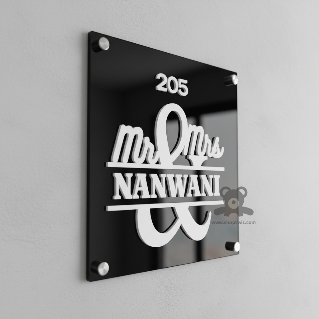 ShopTwiz Square Black Acrylic White Letter Name Plate for House and Office