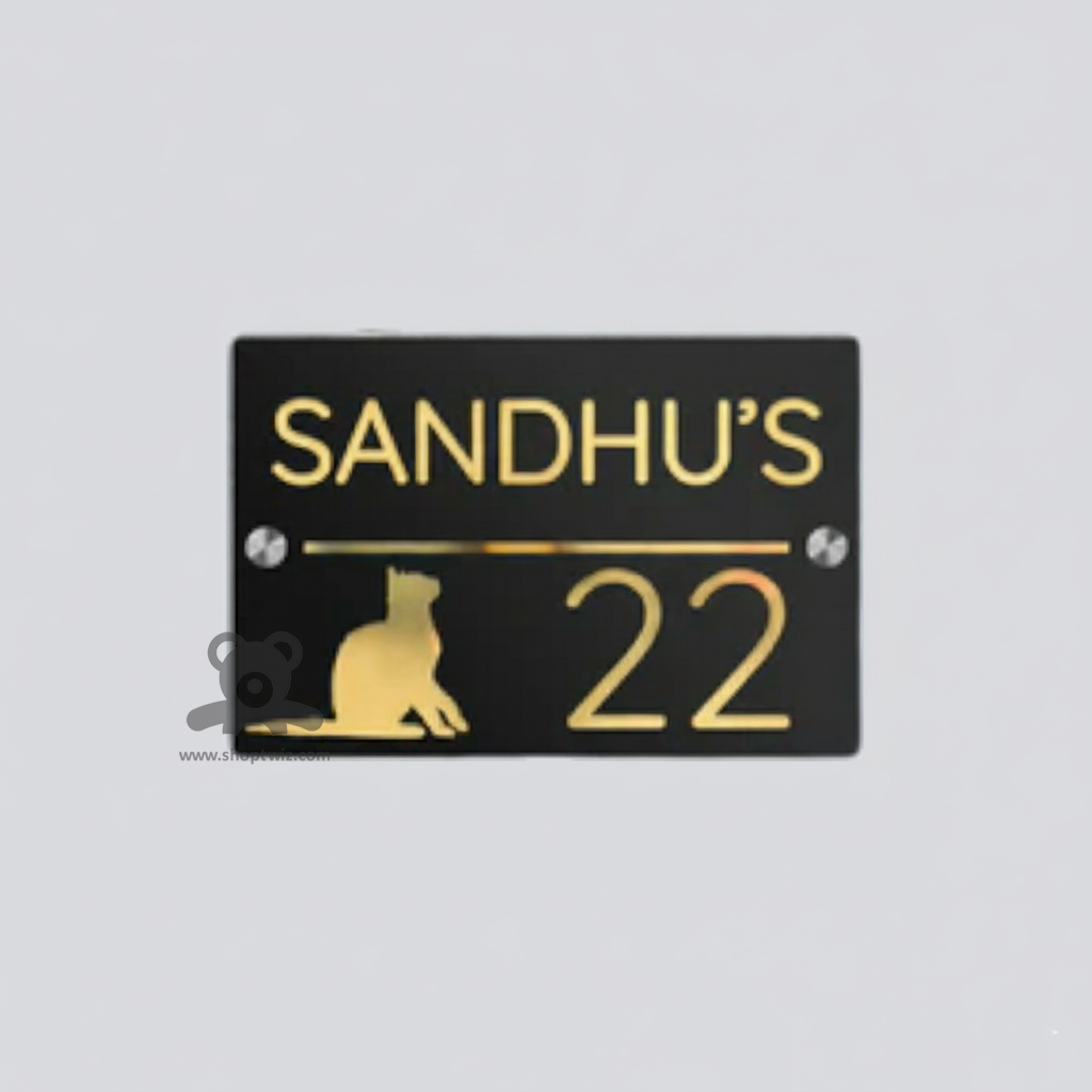 ShopTwiz Square Black and Golden Letter Cat Name Plate for House and Office