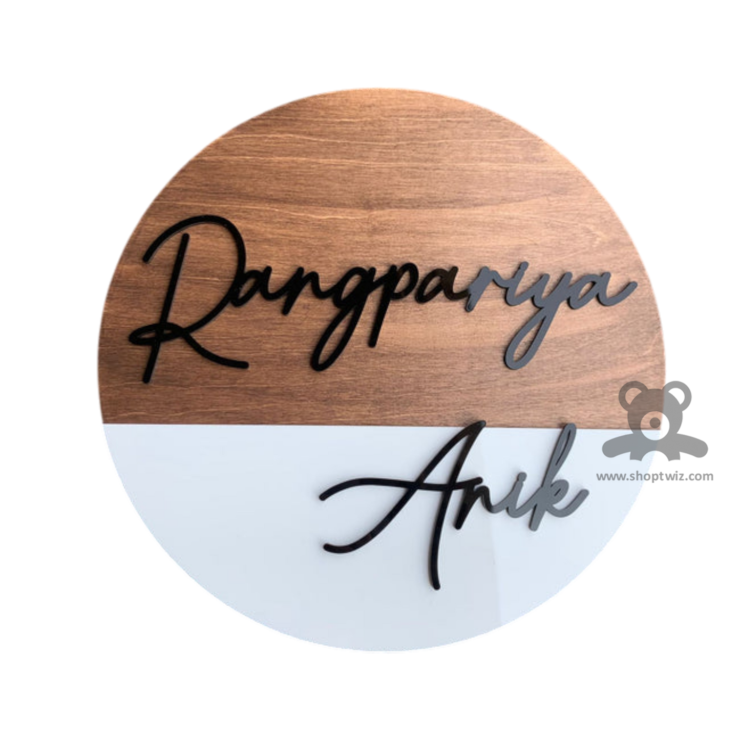 ShopTwiz Circle Wood and White Acrylic Black Letter Name Plate for House and Office