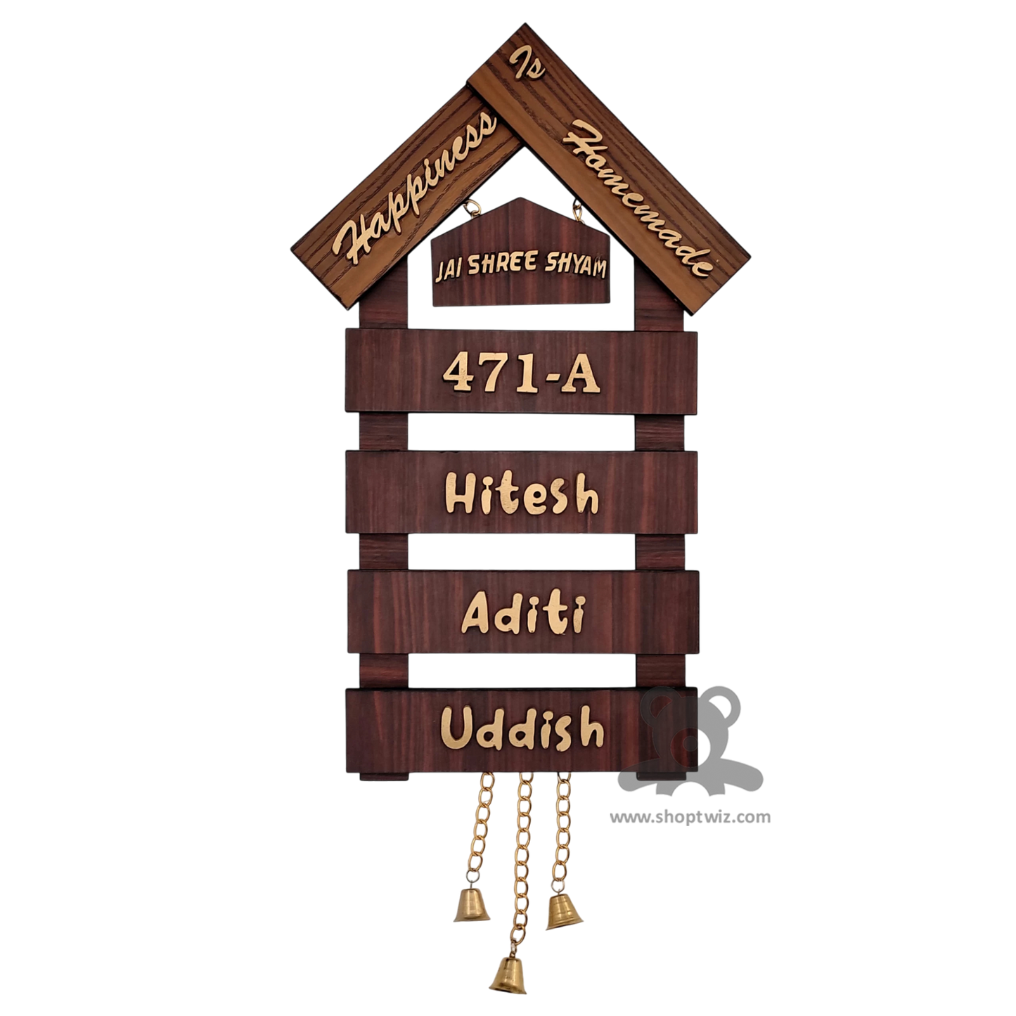 ShopTwiz Rectangle House Wood with Golden Letter Name Plate for House and Office