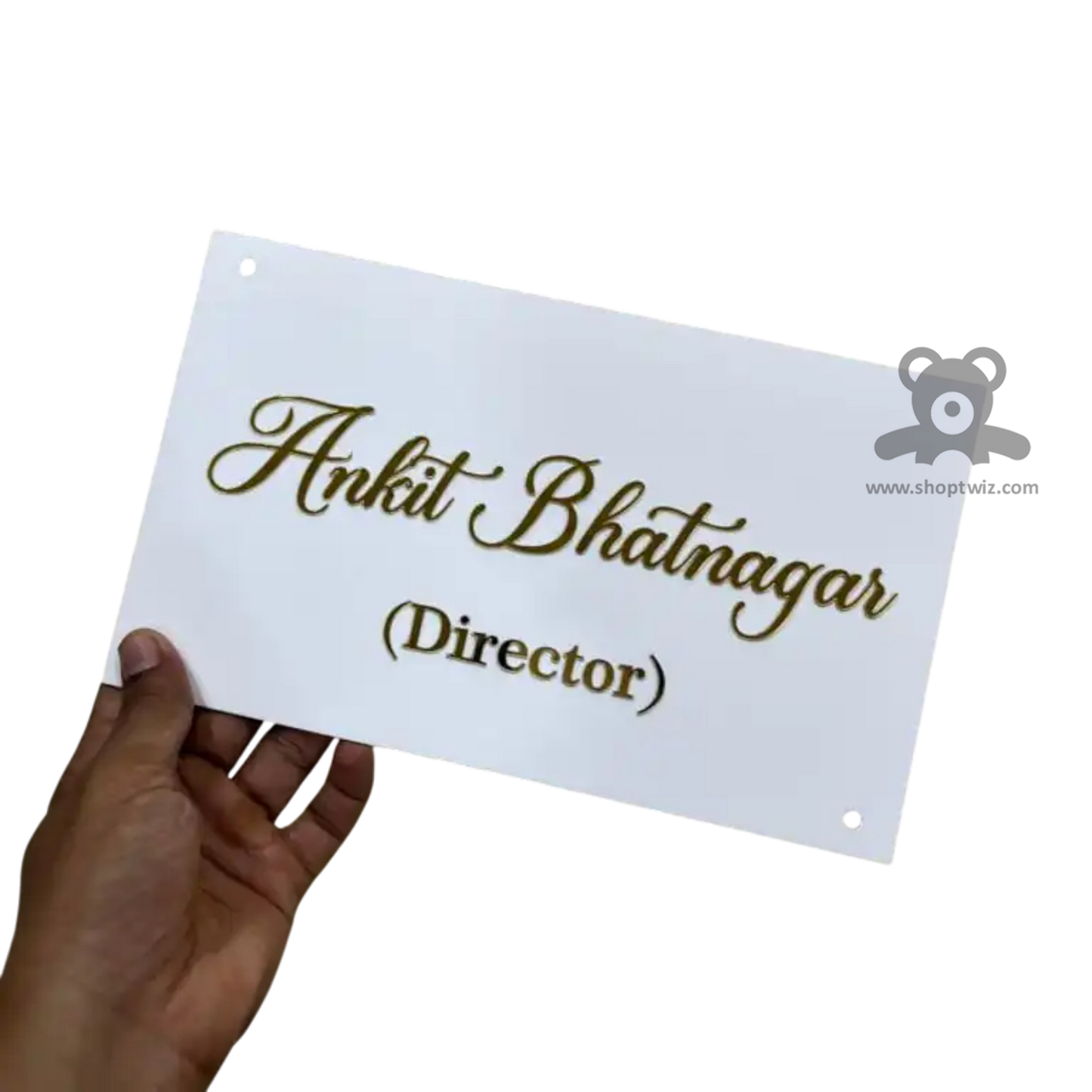 ShopTwiz Rectangle White Golden Letter Name Plate for House and Office