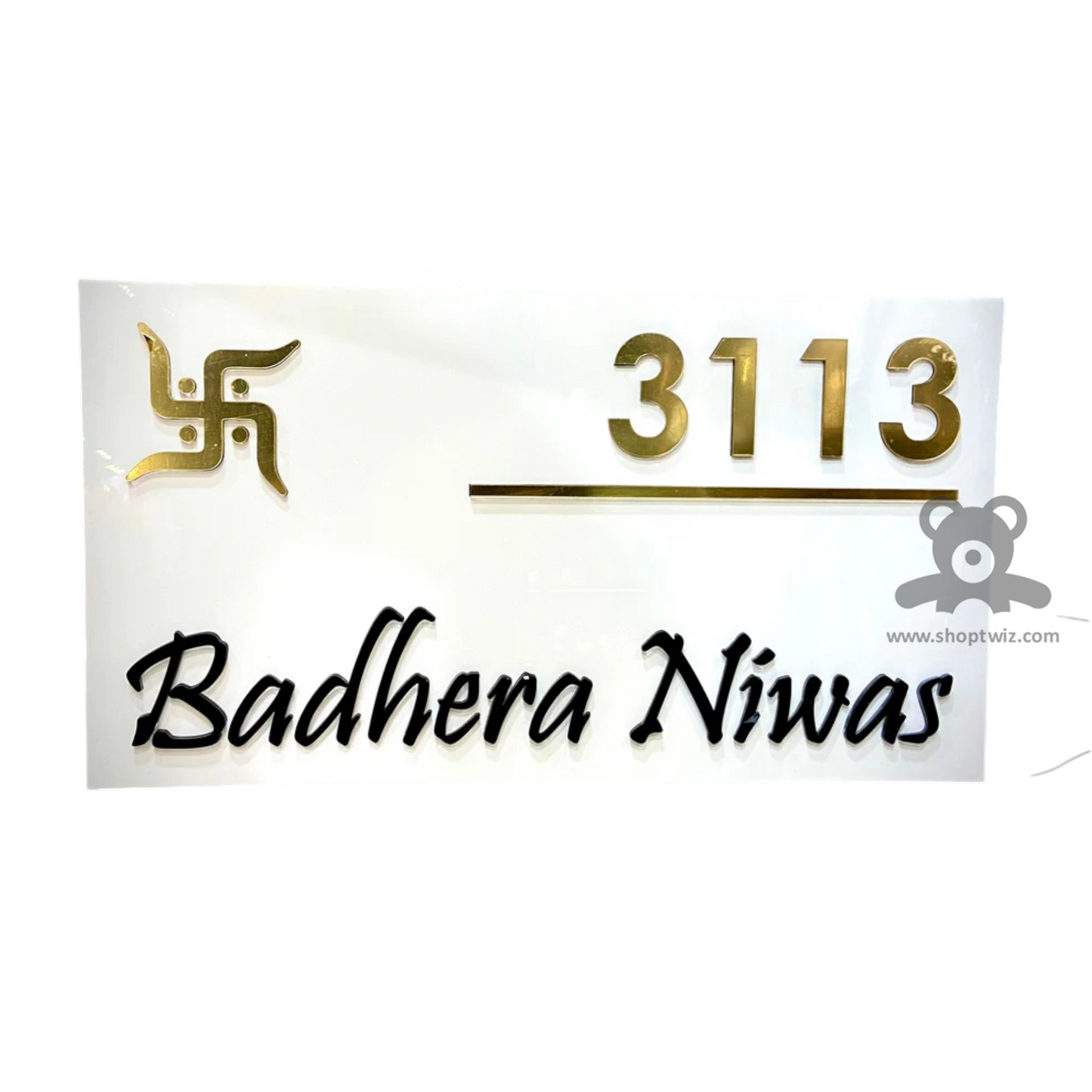 ShopTwiz Rectangle White Golden and Black Letter Name Plate for House and Office