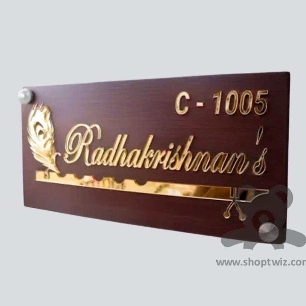 ShopTwiz Rectangle Wood Golden Basuri and Letter Name Plate for House and Office