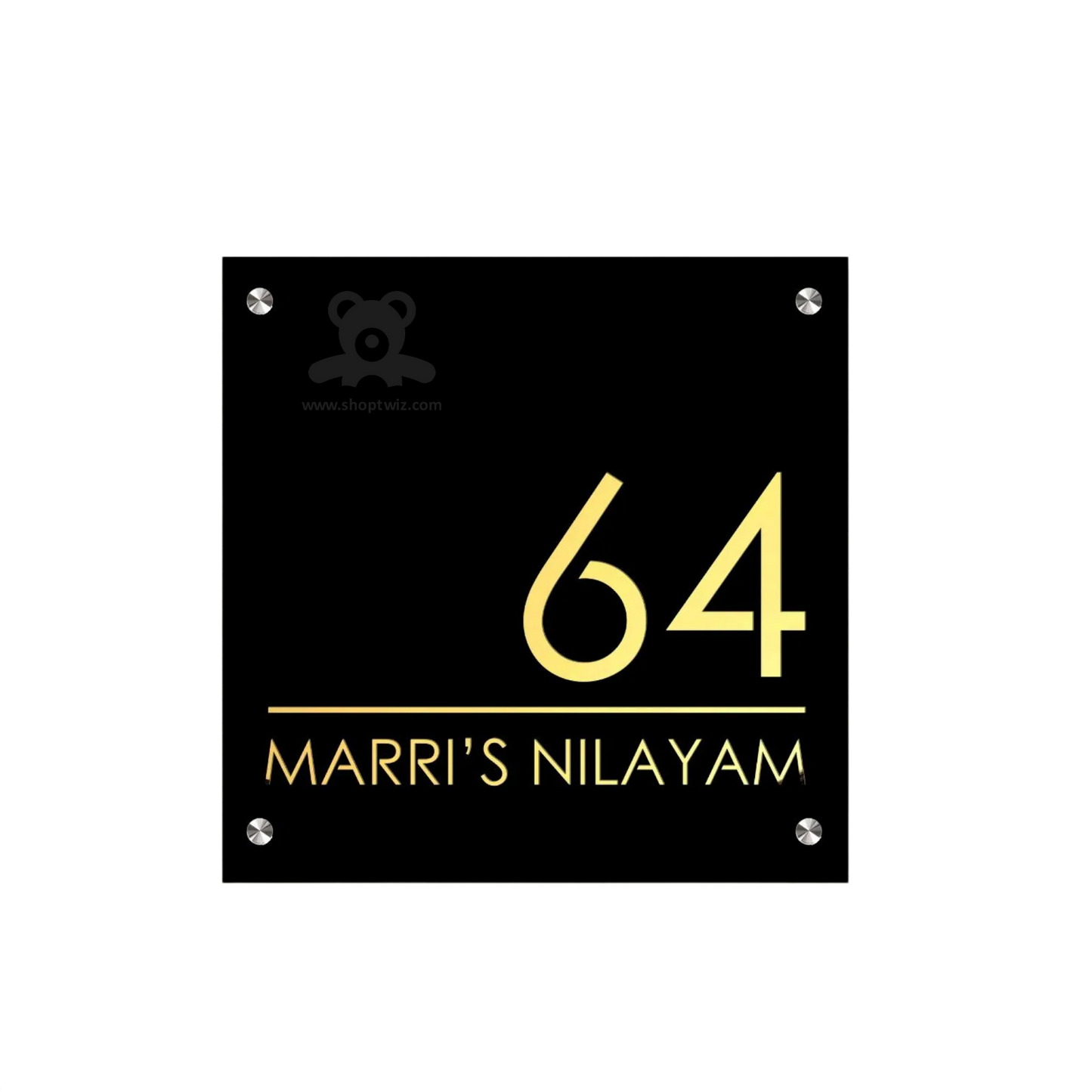 ShopTwiz Square Black Acylic Golden Latter Name Plate for House and Office