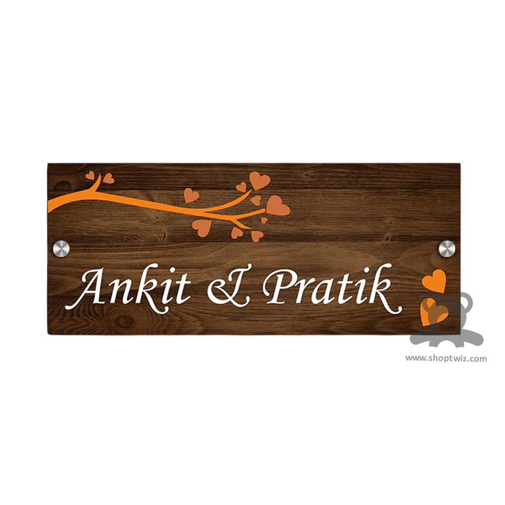 ShopTwiz Rectangle Wood White Letter Orange Design Name Plate for House and Office