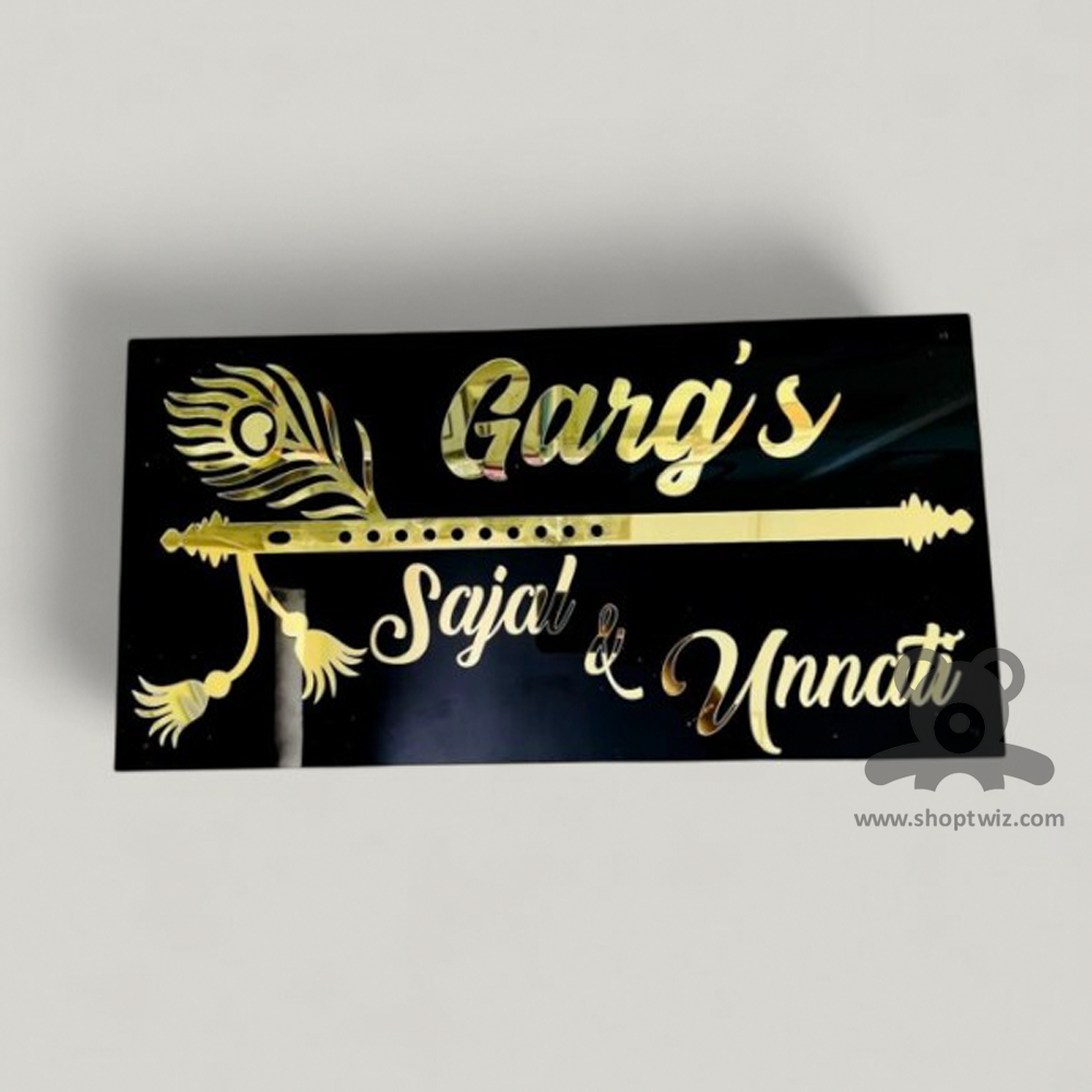 ShopTwiz Rectangle Black Acrylic Golden Letter Basuri Name Plate for House and Office