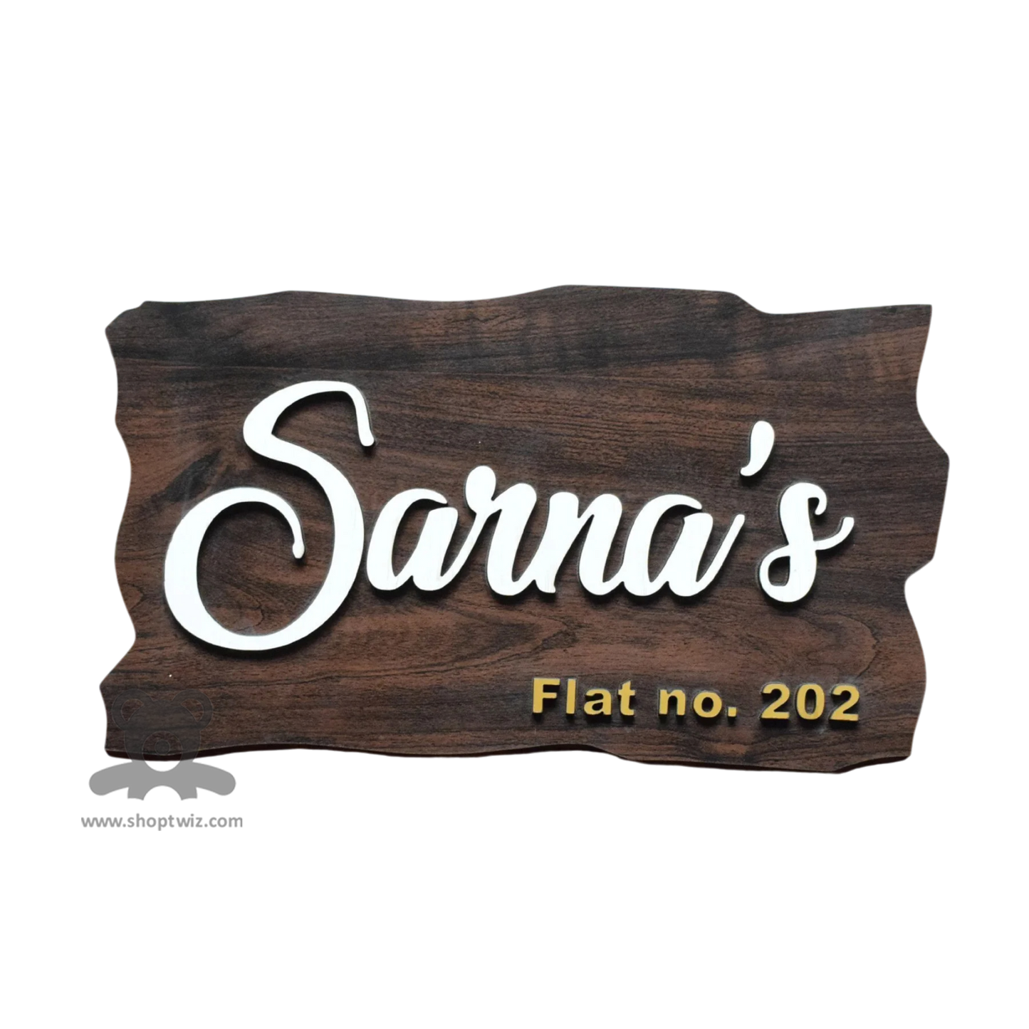 ShopTwiz Rectangle Design Wood White and Golden Letter Name Plate for House and Office